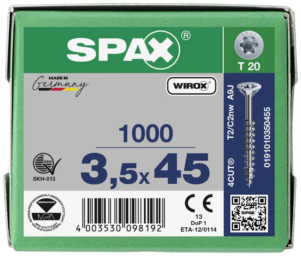 SPAX 0191010350455 Holzschraube 3.5mm 45mm T-STAR plus Stahl WIROX 1000St.