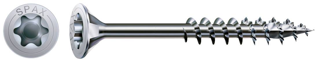 Ein silberner Holzschraube mit Senkkopf und Torx-Antrieb. Auf dem Kopf steht 'SPAX'.