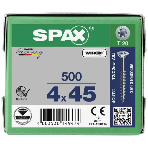 SPAX 0191010400455 Holzschraube 4mm 45mm T-STAR plus Stahl WIROX 500St. SPAX 0191010400455 Holzschraube 4mm 45mm T-STAR plus Stahl WIROX 500St.