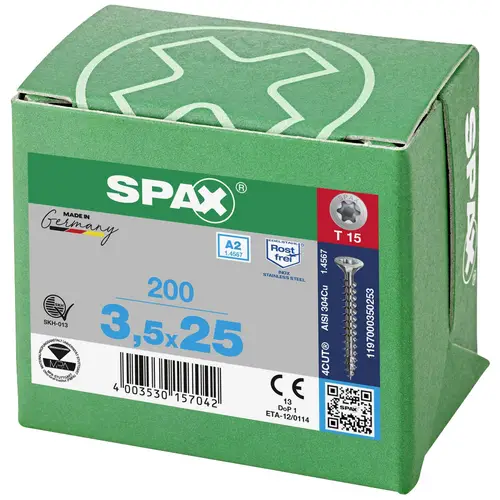 SPAX 1197000350203 Holzschraube 3.5mm 20mm T-STAR plus Edelstahl A2 200St. SPAX 1197000350203 Holzschraube 3.5mm 20mm T-STAR plus Edelstahl A2 200St.