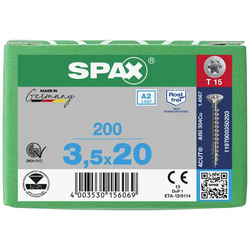 SPAX 1197000350203 Holzschraube 3.5mm 20mm T-STAR plus Edelstahl A2 200St. SPAX 1197000350203 Holzschraube 3.5mm 20mm T-STAR plus Edelstahl A2 200St.