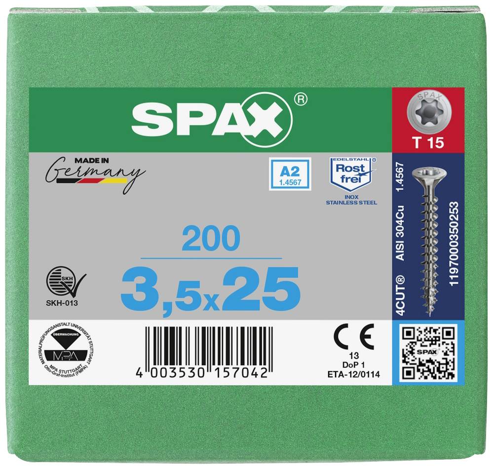 SPAX 1197000350253 Holzschraube 3.5mm 25mm T-STAR plus Edelstahl A2 200St.