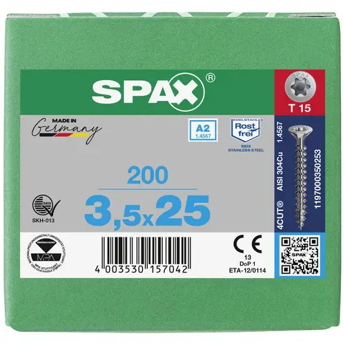 SPAX 1197000350253 Holzschraube 3.5mm 25mm T-STAR plus Edelstahl A2 200St. SPAX 1197000350253 Holzschraube 3.5mm 25mm T-STAR plus Edelstahl A2 200St.