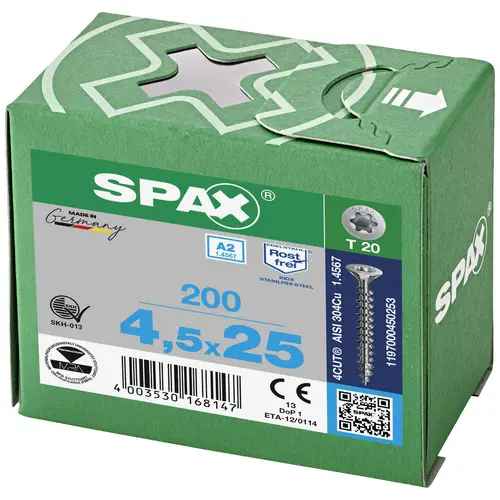 SPAX 1197000400253 Holzschraube 4mm 25mm T-STAR plus Edelstahl A2 200St. SPAX 1197000400253 Holzschraube 4mm 25mm T-STAR plus Edelstahl A2 200St.