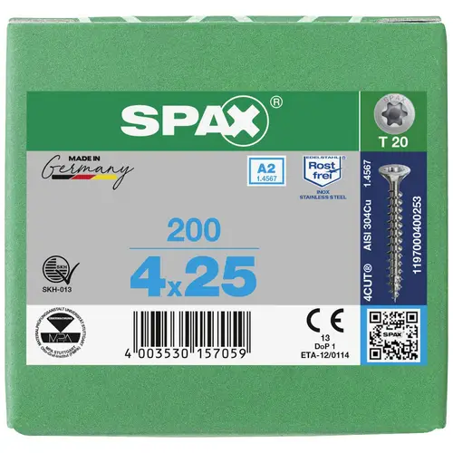 SPAX 1197000400253 Holzschraube 4mm 25mm T-STAR plus Edelstahl A2 200St. SPAX 1197000400253 Holzschraube 4mm 25mm T-STAR plus Edelstahl A2 200St.