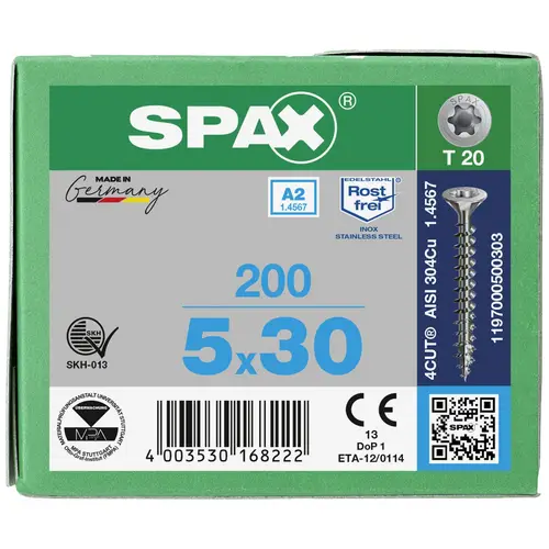 SPAX 1197000500303 Holzschraube 5mm 30mm T-STAR plus Edelstahl A2 200St. SPAX 1197000500303 Holzschraube 5mm 30mm T-STAR plus Edelstahl A2 200St.