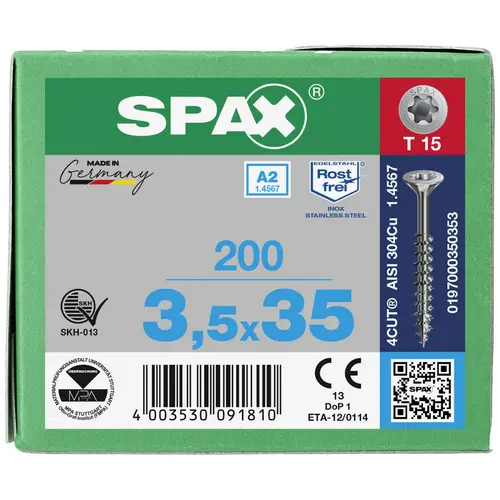 SPAX 0197000350353 Holzschraube 3.5mm 35mm T-STAR plus Edelstahl A2 200St. SPAX 0197000350353 Holzschraube 3.5mm 35mm T-STAR plus Edelstahl A2 200St.