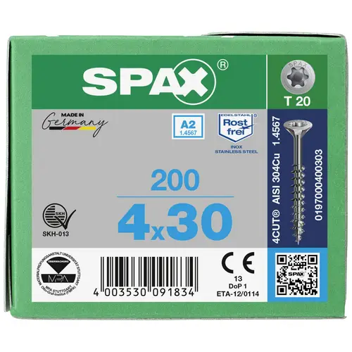 SPAX 0197000400303 Holzschraube 4 mm 30 mm T-STAR plus Edelstahl A2 200 St. SPAX 0197000400303 Holzschraube 4 mm 30 mm T-STAR plus Edelstahl A2 200 St.