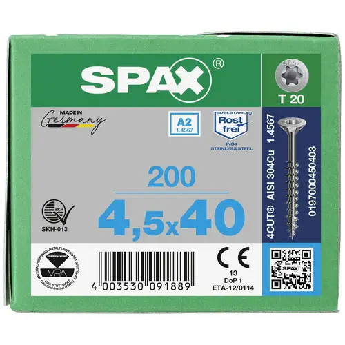 SPAX 0197000450403 Holzschraube 4.5mm 40mm T-STAR plus Edelstahl A2 200St. SPAX 0197000450403 Holzschraube 4.5mm 40mm T-STAR plus Edelstahl A2 200St.