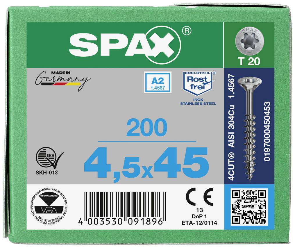 SPAX 0197000450453 Holzschraube 4.5mm 45mm T-STAR plus Edelstahl A2 200St.