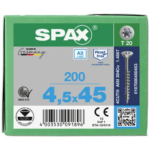 SPAX 0197000450453 Holzschraube 4.5mm 45mm T-STAR plus Edelstahl A2 200St. SPAX 0197000450453 Holzschraube 4.5mm 45mm T-STAR plus Edelstahl A2 200St.