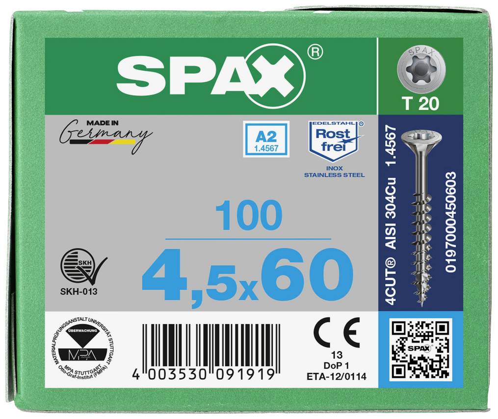 SPAX 0197000450603 Holzschraube 4.5 mm 60 mm T-STAR plus Edelstahl A2 100 St.
