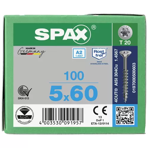 SPAX 0197000500603 Holzschraube 5mm 60mm T-STAR plus Edelstahl A2 100St. SPAX 0197000500603 Holzschraube 5mm 60mm T-STAR plus Edelstahl A2 100St.