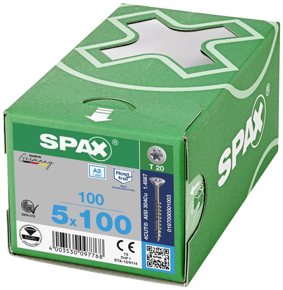 Eine grüne Schachtel mit SPAX-Logo, enthält 100 Schrauben der Größe 5x100 mm. Aufdruck 'Made in Germany', Edelstahl A2, rostfrei.