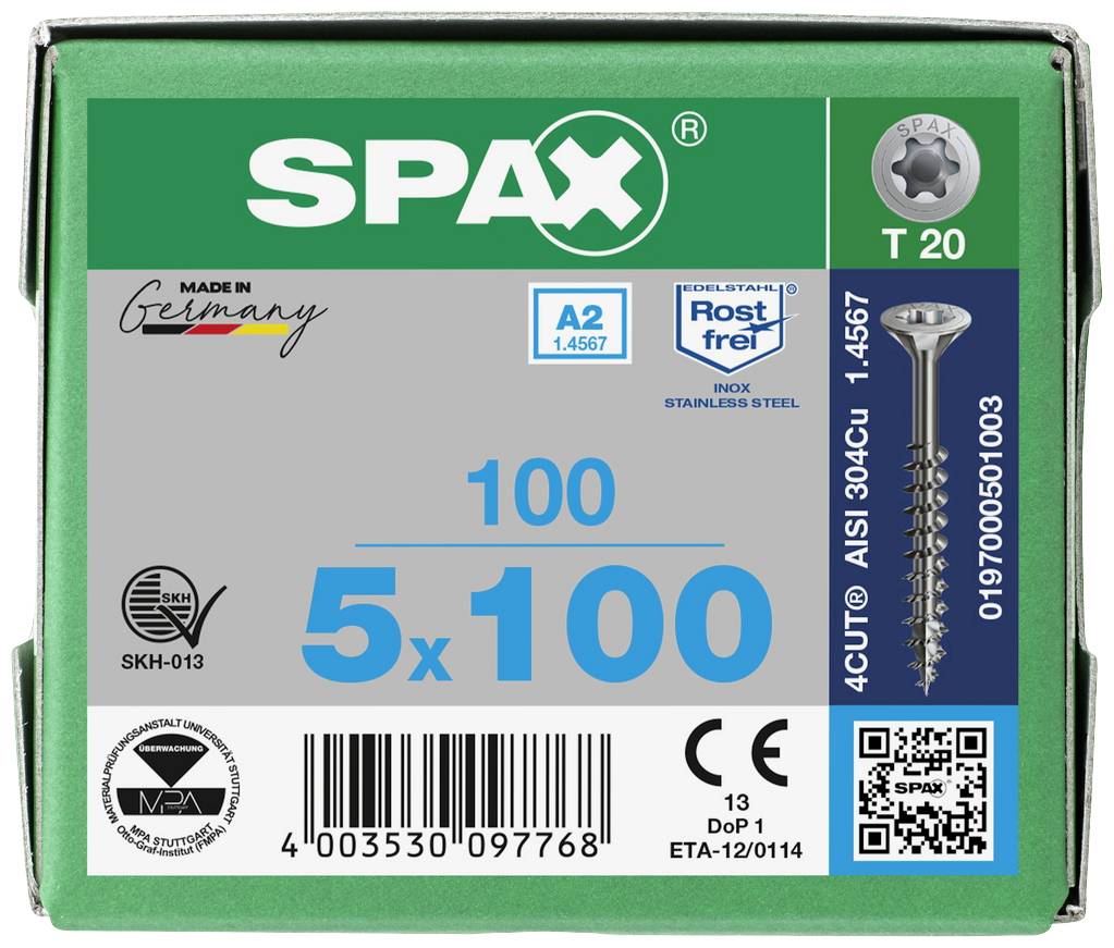 Verpackung von SPAX-Schrauben 5x100 mm, 100 Stück, T20, aus rostfreiem Edelstahl, Made in Germany, mit QR-Code und Produktinformationen.