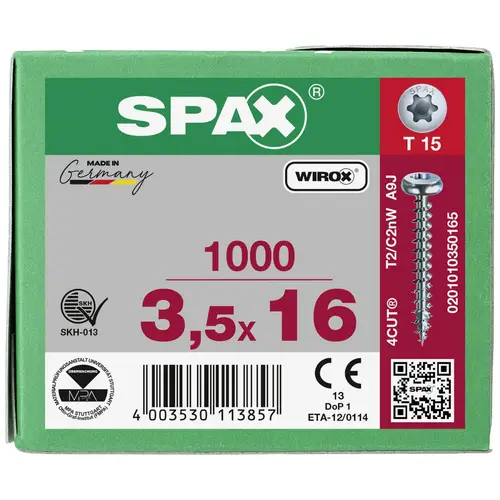 SPAX 0201010350165 Holzschraube 3.5 mm 16 mm T-STAR plus Stahl WIROX 1000 St. SPAX 0201010350165 Holzschraube 3.5 mm 16 mm T-STAR plus Stahl WIROX 1000 St.