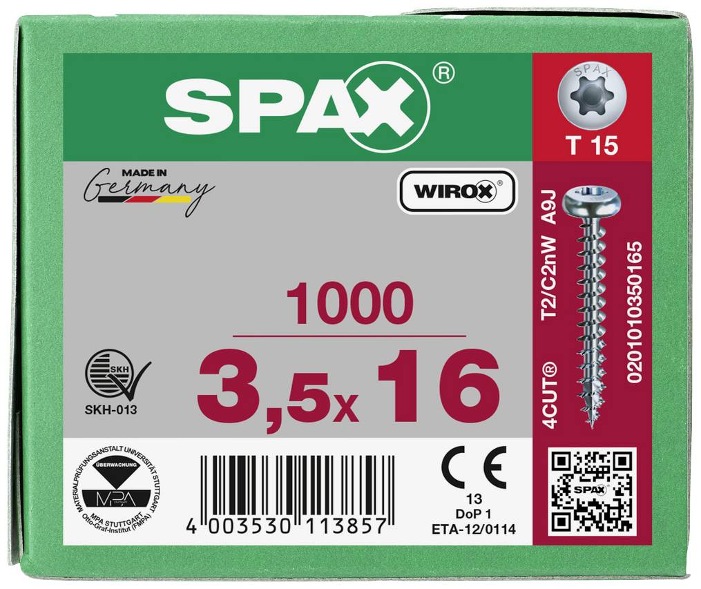 SPAX 0201010350165 Holzschraube 3.5mm 16mm T-STAR plus Stahl WIROX 1000St.