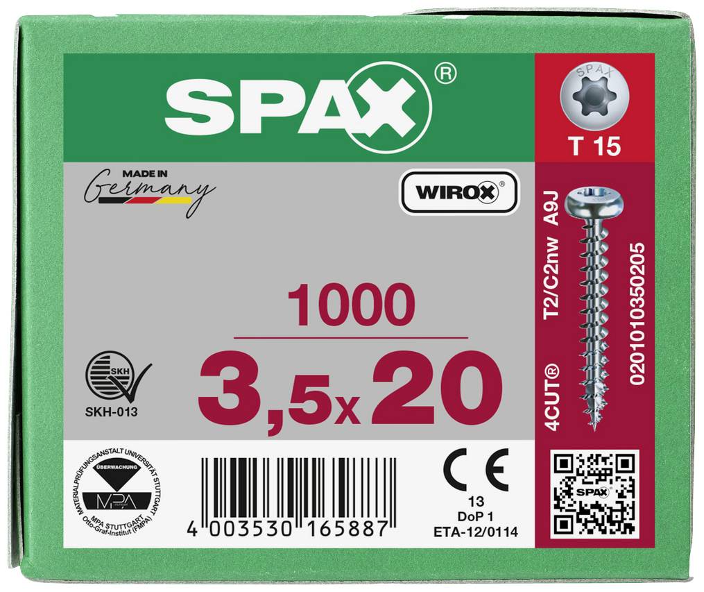 SPAX 0201010350205 Holzschraube 3.5 mm 20 mm T-STAR plus Stahl WIROX 1000 St.