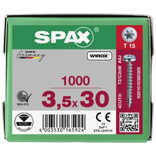 SPAX 0201010350305 Holzschraube 3.5 mm 30 mm T-STAR plus Stahl WIROX 1000 St. SPAX 0201010350305 Holzschraube 3.5 mm 30 mm T-STAR plus Stahl WIROX 1000 St.