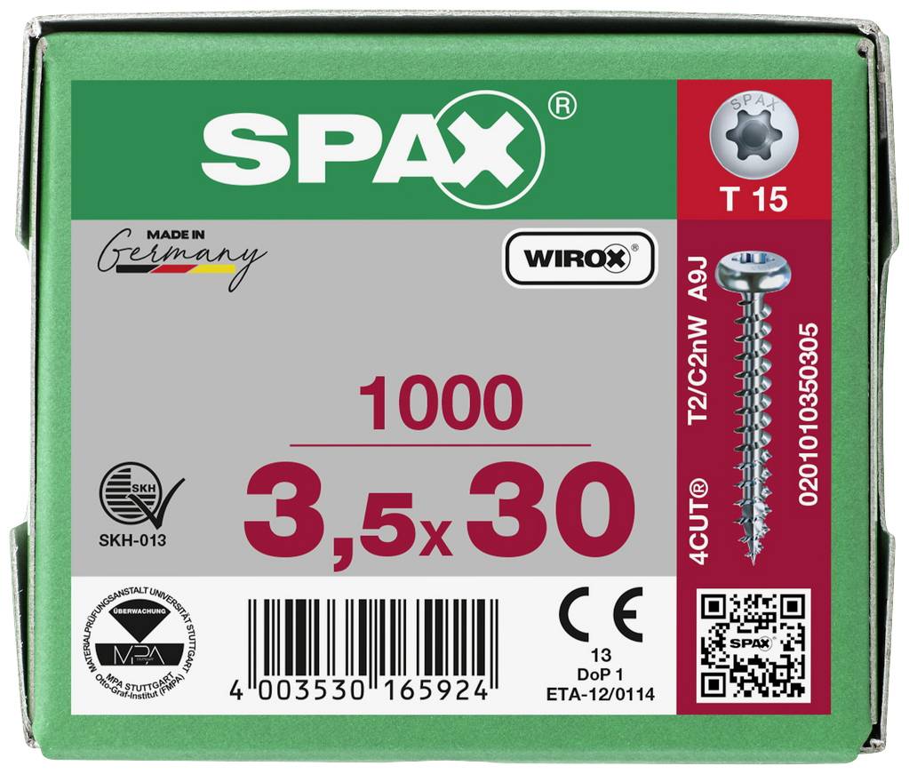 SPAX 0201010350305 Holzschraube 3.5mm 30mm T-STAR plus Stahl WIROX 1000St.