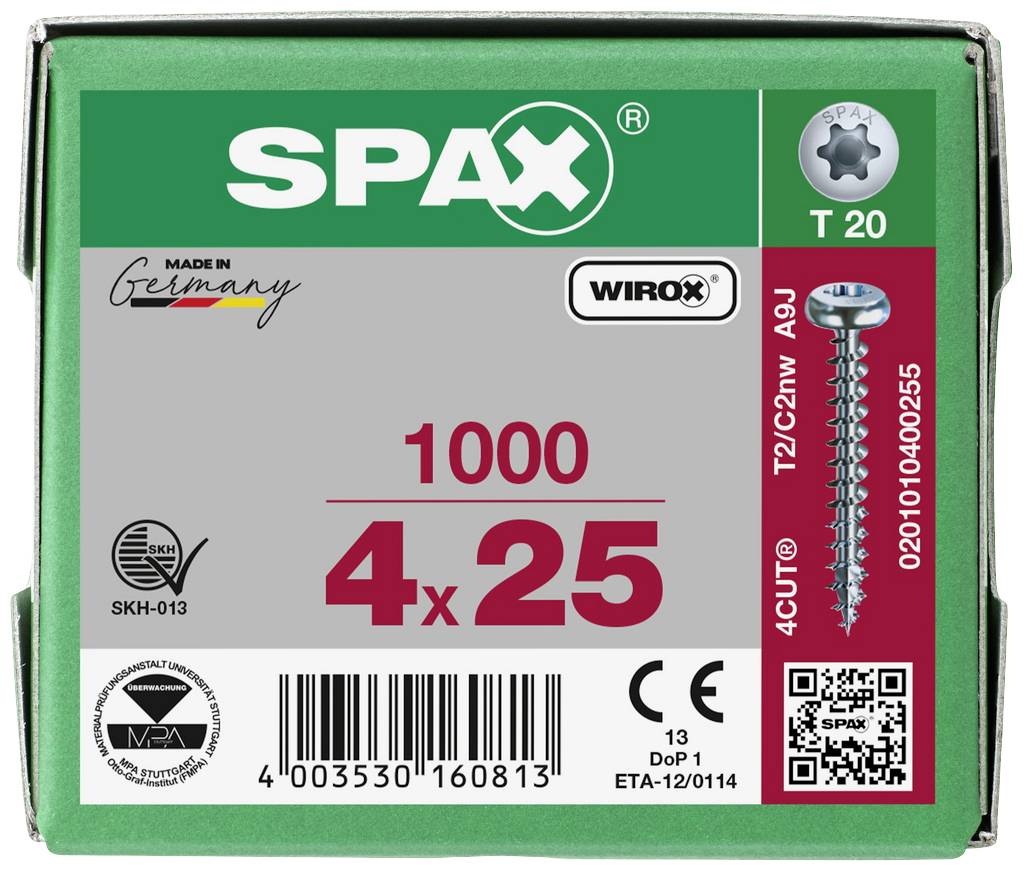 SPAX 0201010400255 Holzschraube 4mm 25mm T-STAR plus Stahl WIROX 1000St.