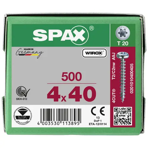 SPAX 0201010400405 Holzschraube 4mm 40mm T-STAR plus Stahl WIROX 500St. SPAX 0201010400405 Holzschraube 4mm 40mm T-STAR plus Stahl WIROX 500St.