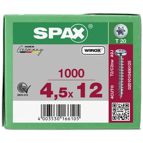 SPAX 0201010450125 Holzschraube 4.5mm 12mm T-STAR plus Stahl WIROX 1000St. SPAX 0201010450125 Holzschraube 4.5mm 12mm T-STAR plus Stahl WIROX 1000St.