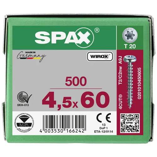 SPAX 0201010450605 Holzschraube 4.5mm 60mm T-STAR plus Stahl WIROX 500St. SPAX 0201010450605 Holzschraube 4.5mm 60mm T-STAR plus Stahl WIROX 500St.