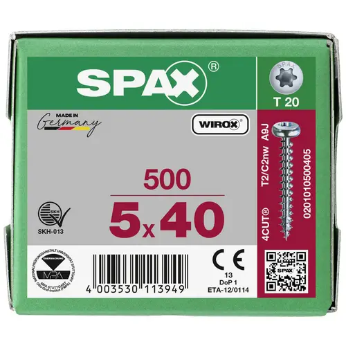 SPAX 0201010500405 Holzschraube 5 mm 40 mm T-STAR plus Stahl WIROX 500 St. SPAX 0201010500405 Holzschraube 5 mm 40 mm T-STAR plus Stahl WIROX 500 St.