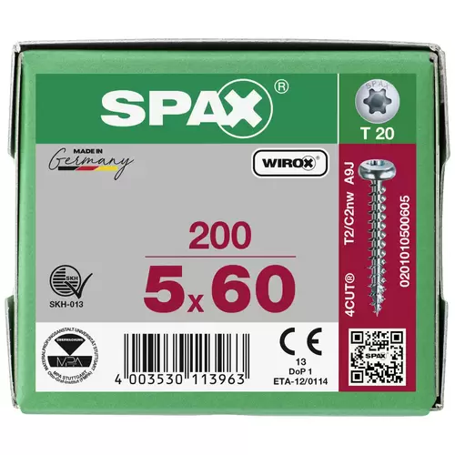 SPAX 0201010500605 Holzschraube 5 mm 60 mm T-STAR plus Stahl WIROX 200 St. SPAX 0201010500605 Holzschraube 5 mm 60 mm T-STAR plus Stahl WIROX 200 St.
