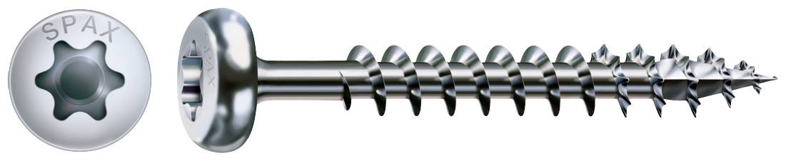 Metallschraube mit torxähnlichem Kopf, ergänzt durch das Wort 'SPAX' darauf, zeigt Gewinde und Spitze.