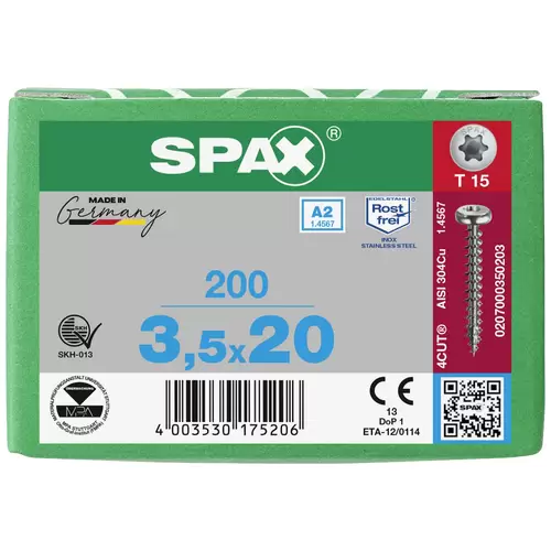SPAX 0207000350203 Holzschraube 3.5mm 20mm T-STAR plus Edelstahl A2 200St. SPAX 0207000350203 Holzschraube 3.5mm 20mm T-STAR plus Edelstahl A2 200St.