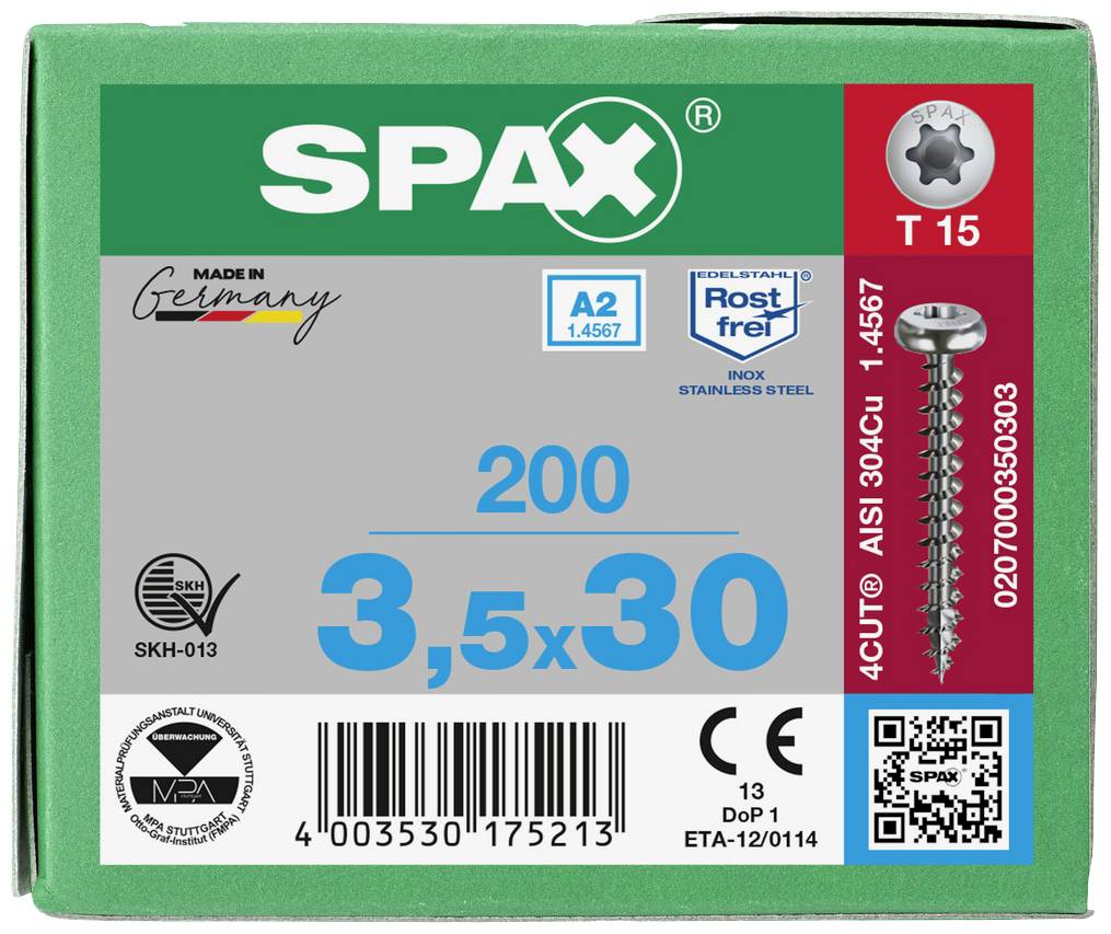 Grünes SPAX-Schraubenpaket, 200 Stück, Maße 3,5x30 mm, aus Edelstahl A2, rostfrei. Enthält Barcodes und Sicherheitskennzeichnungen.