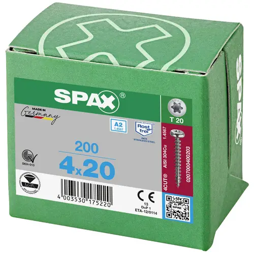 SPAX 0207000400203 Holzschraube 4mm 20mm T-STAR plus Edelstahl A2 200St. SPAX 0207000400203 Holzschraube 4mm 20mm T-STAR plus Edelstahl A2 200St.