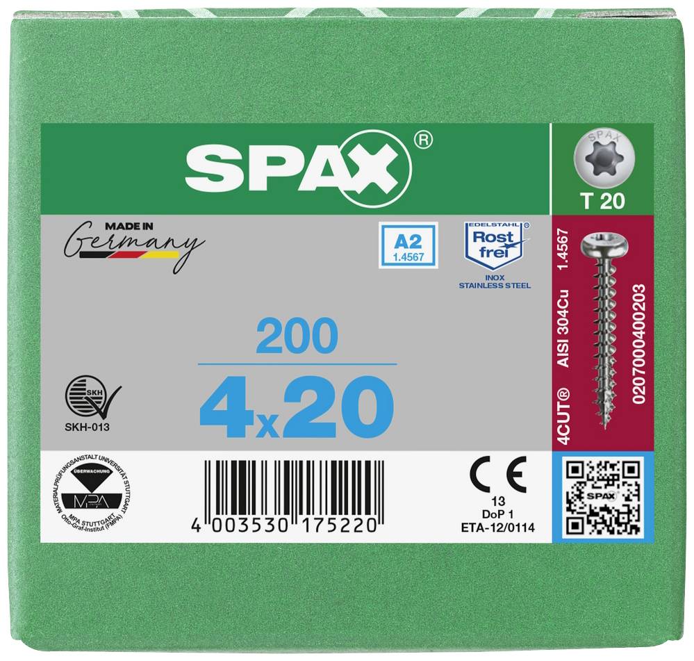 SPAX 0207000400203 Holzschraube 4mm 20mm T-STAR plus Edelstahl A2 200St.