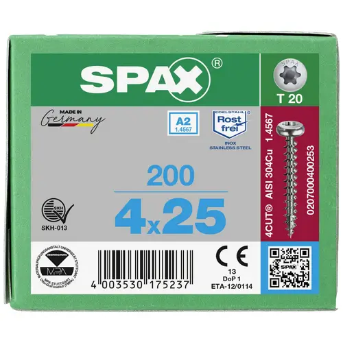 SPAX 0207000400253 Holzschraube 4mm 25mm T-STAR plus Edelstahl A2 200St. SPAX 0207000400253 Holzschraube 4mm 25mm T-STAR plus Edelstahl A2 200St.