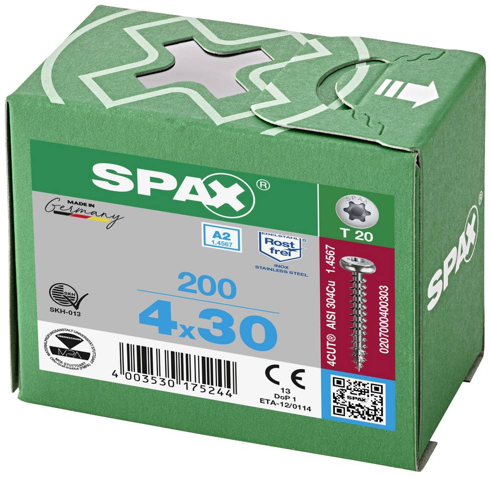 SPAX 0207000400303 Holzschraube 4mm 30mm T-STAR plus Edelstahl A2 200St.