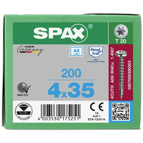 SPAX 0207000400353 Holzschraube 4mm 35mm T-STAR plus Edelstahl A2 200St. SPAX 0207000400353 Holzschraube 4mm 35mm T-STAR plus Edelstahl A2 200St.