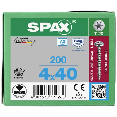 SPAX 0207000400403 Holzschraube 4mm 40mm T-STAR plus Edelstahl A2 200St. SPAX 0207000400403 Holzschraube 4mm 40mm T-STAR plus Edelstahl A2 200St.