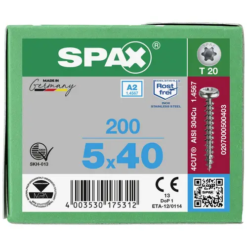 SPAX 0207000500403 Holzschraube 5mm 40mm T-STAR plus Edelstahl A2 200St. SPAX 0207000500403 Holzschraube 5mm 40mm T-STAR plus Edelstahl A2 200St.