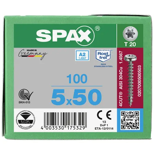 SPAX 0207000500503 Holzschraube 5mm 50mm T-STAR plus Edelstahl A2 100St. SPAX 0207000500503 Holzschraube 5mm 50mm T-STAR plus Edelstahl A2 100St.