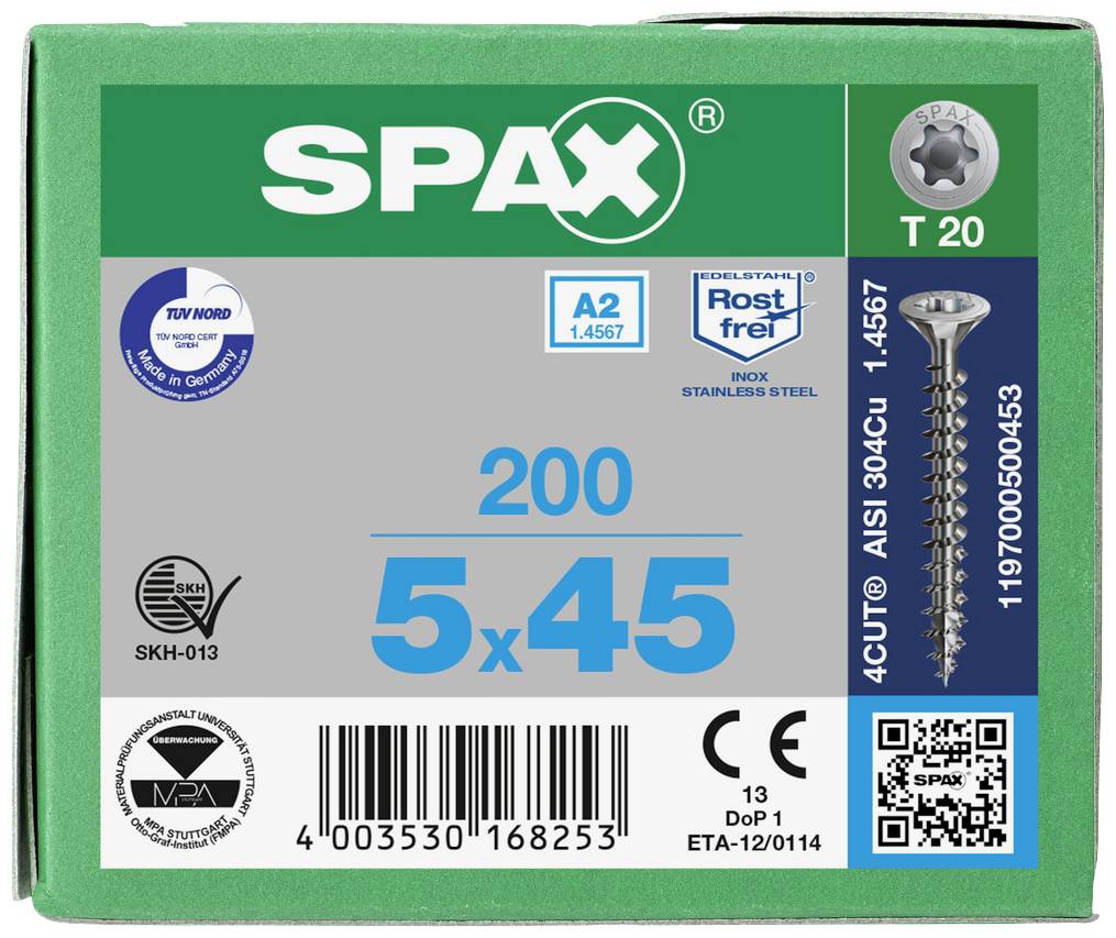 SPAX 1197000500453 Holzschraube 5mm 45mm T-STAR plus Edelstahl A2 200St.