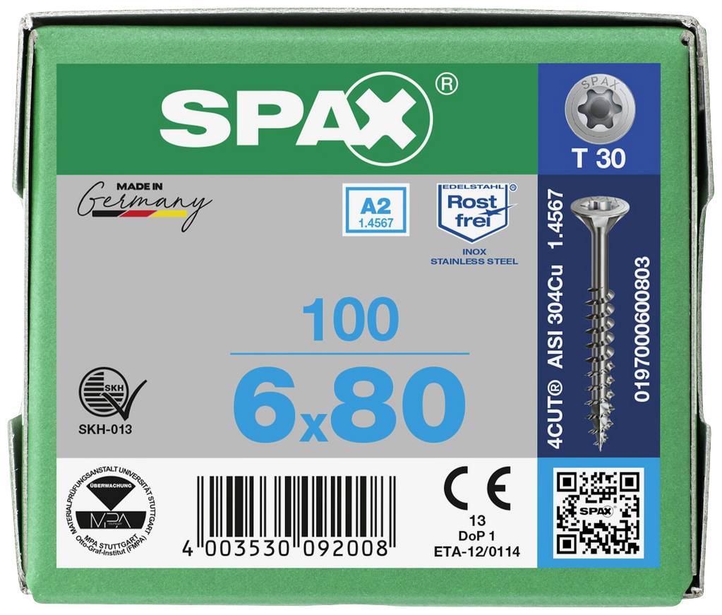 SPAX 0197000600803 Holzschraube 6mm 80mm T-STAR plus Edelstahl A2 100St.