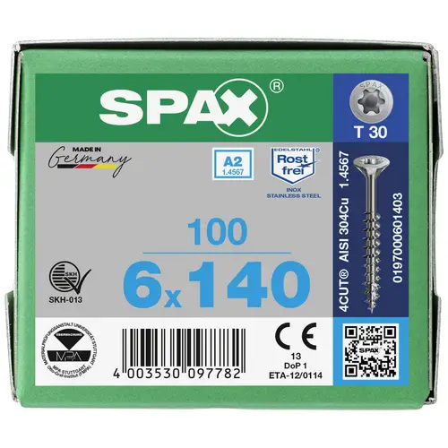 SPAX 0197000601403 Holzschraube 6 mm 140 mm T-STAR plus Edelstahl A2 100 St. SPAX 0197000601403 Holzschraube 6 mm 140 mm T-STAR plus Edelstahl A2 100 St.