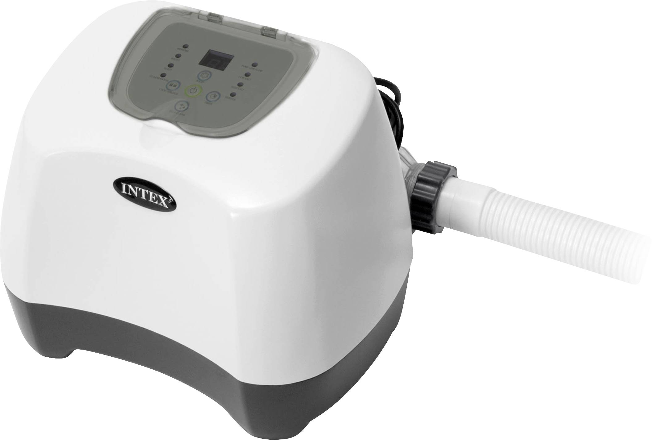 Ein grauer und weißer Wasserfilter der Marke 'Intex' mit digitalem Bedienfeld und Schlauchanschluss, zur Reinigung von Poolwasser.