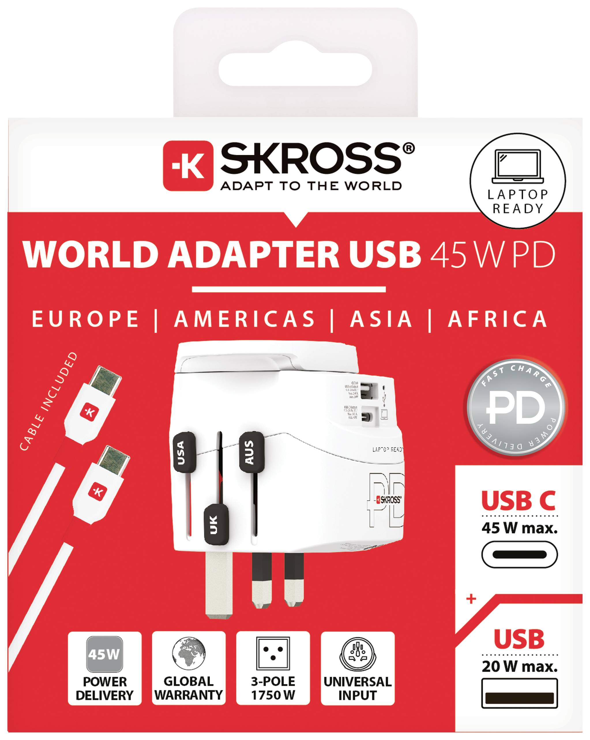 Skross 1.302474 Reiseadapter Pro Light USB AC45PD World