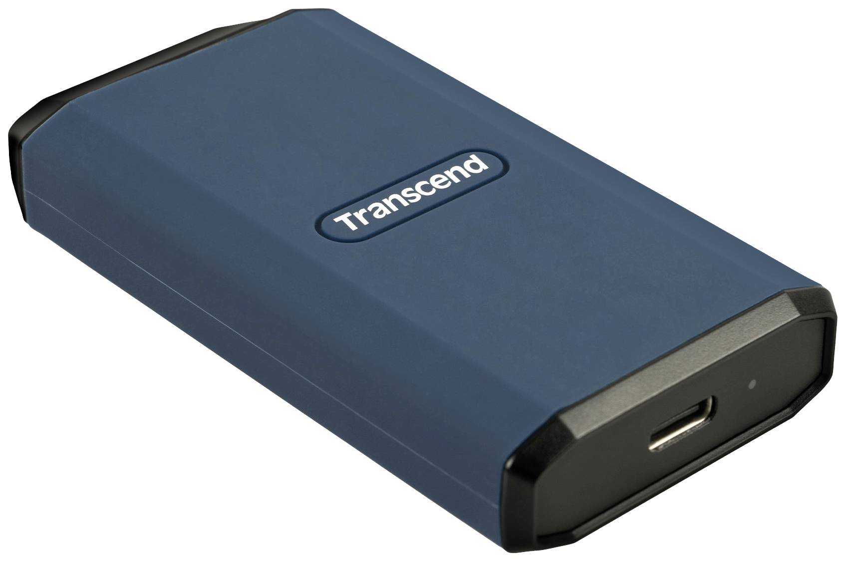 Externe blaue Festplatte von Transcend mit USB-Anschluss, geeignet für Datensicherung und Speichererweiterung.