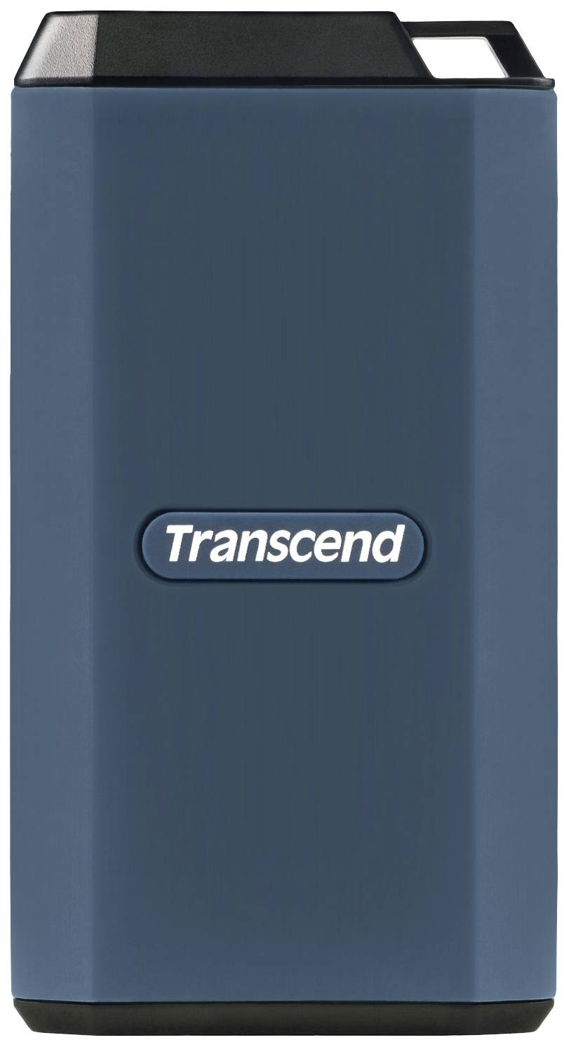 Externe Festplatte in Blau mit dem Markennamen 'Transcend' in der Mitte. Rechteckige Form mit abgerundeten Kanten.