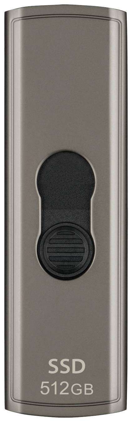 Externe SSD-Festplatte mit einer Speicherkapazität von 512 GB, längliches Design in metallischer Farbe.