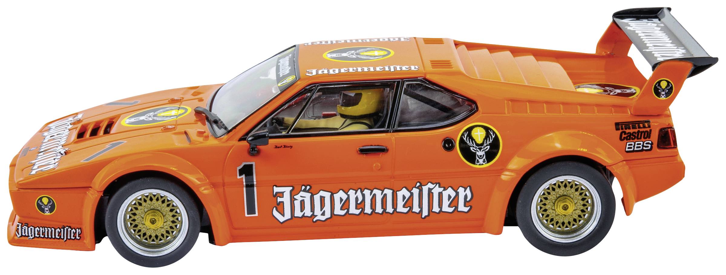 Ein orangefarbenes Rennwagenmodell mit der Aufschrift 'Jägermeister' und der Nummer 1 auf der Seite. Das Auto hat einen großen Heckspoiler.